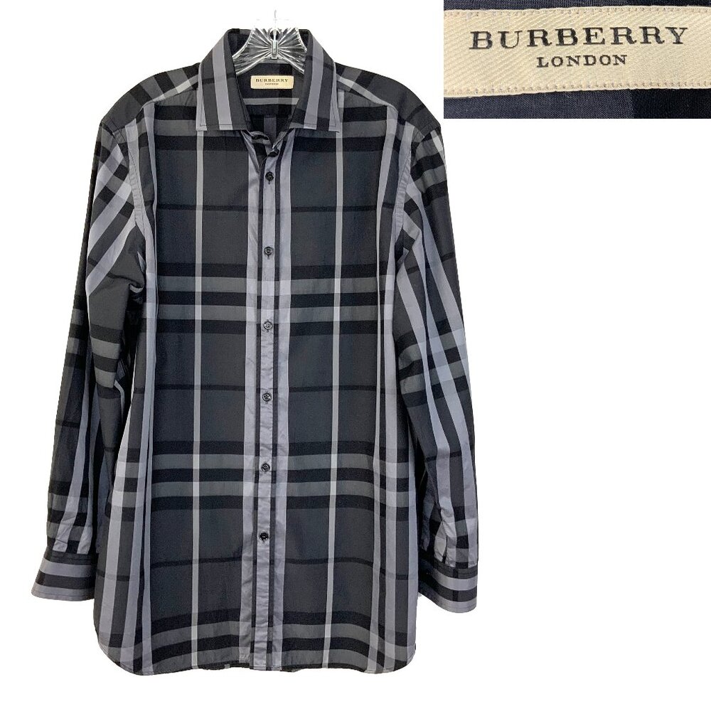 Burberry London Charcoal Gray Check Cotton Button Down Shirt Sz 16/34-35